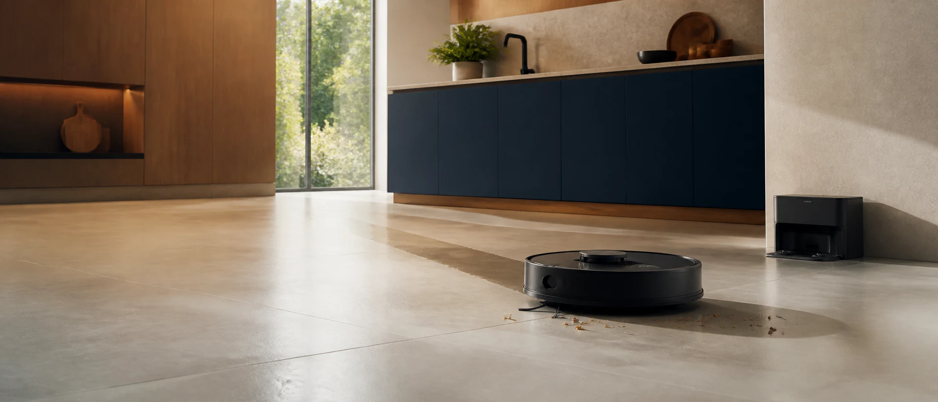 KI-generierter Saugwischroboter bei der Reinigung eines modernen Küchenbodens